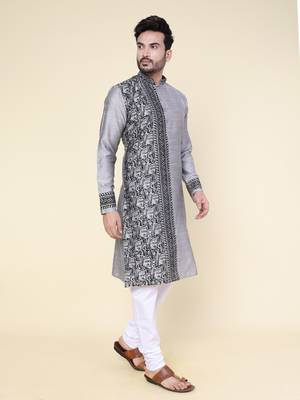 Men's grey silk kurta 2