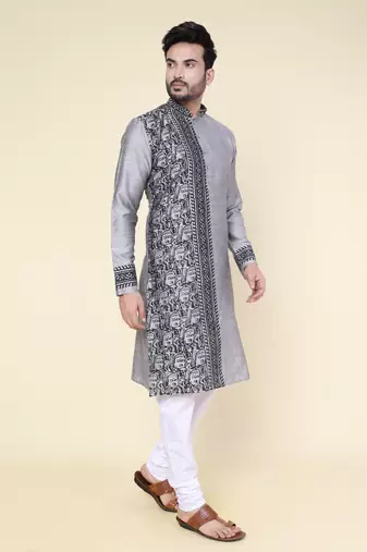 Men's grey silk kurta