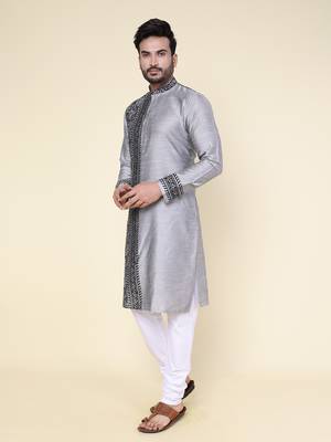 Men's grey silk kurta 3