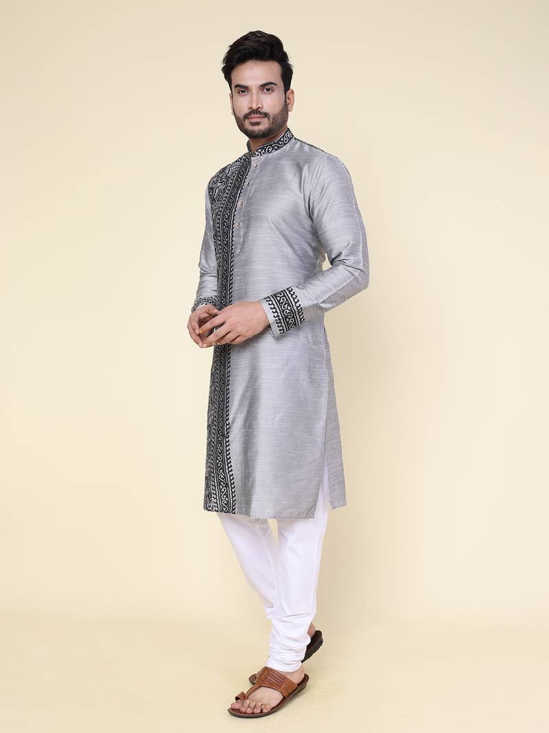 Men's grey silk kurta