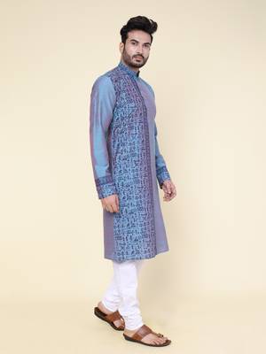 men's hand painted aqua silk kurta 2