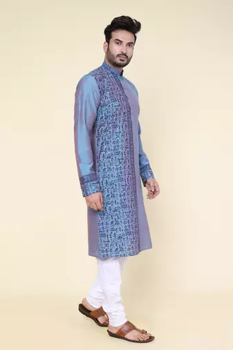men's hand painted aqua silk kurta