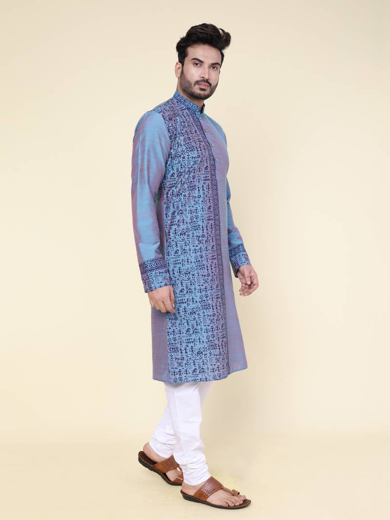 men's hand painted aqua silk kurta