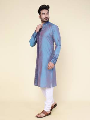 men's hand painted aqua silk kurta 3