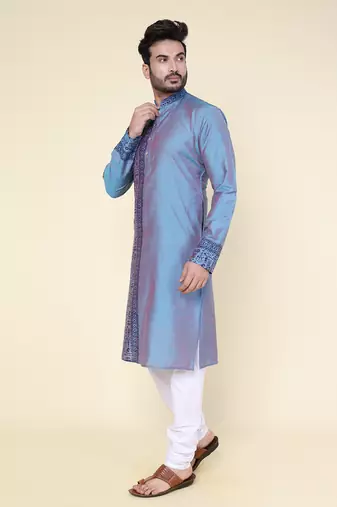 men's hand painted aqua silk kurta