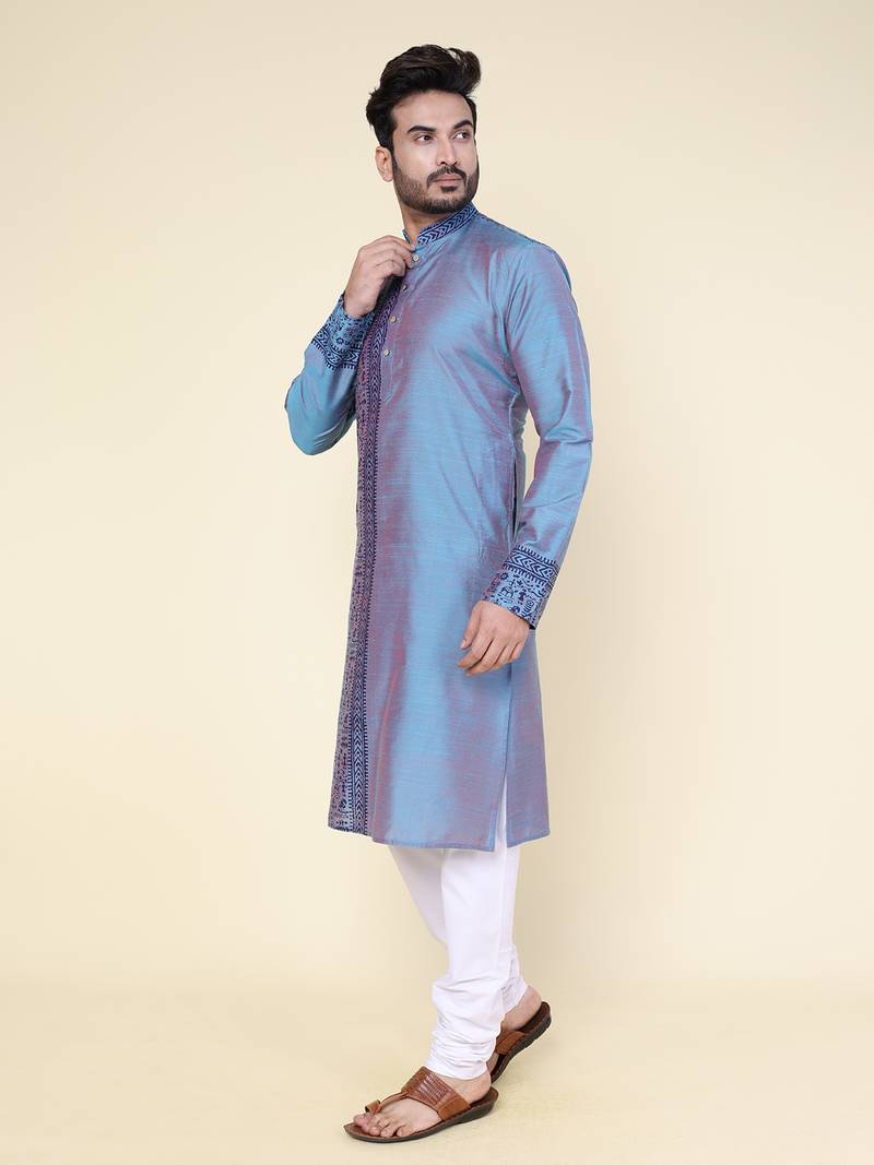 men's hand painted aqua silk kurta