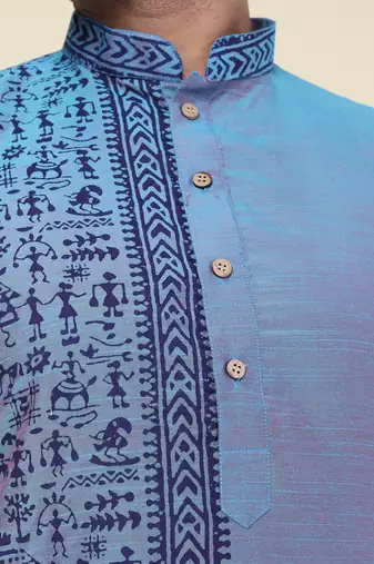 men's hand painted aqua silk kurta