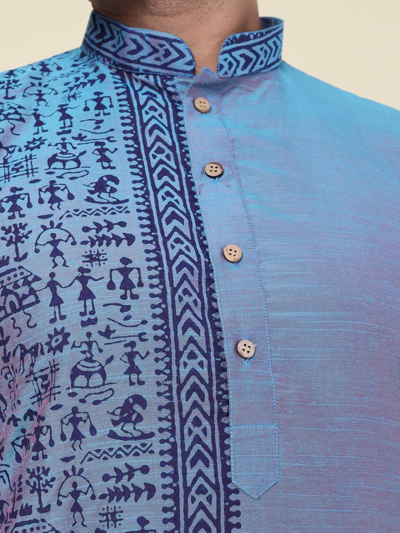 men's hand painted aqua silk kurta