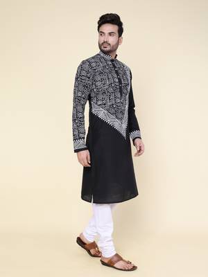men's black hand painted silk kurta 2