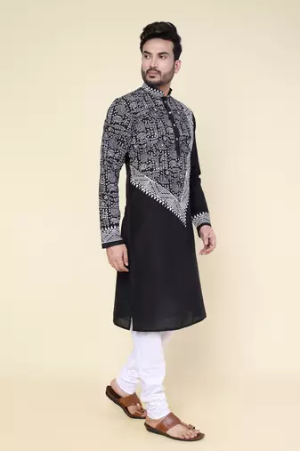 men's black hand painted silk kurta