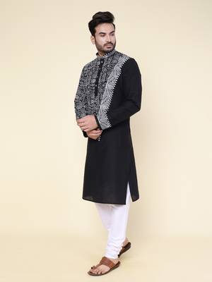 men's black hand painted silk kurta 3