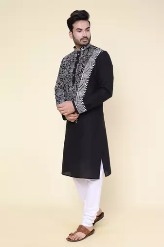 men's black hand painted silk kurta