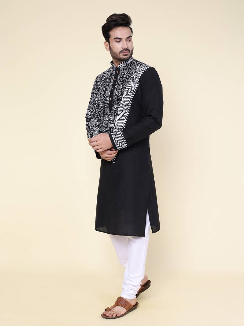 men's black hand painted silk kurta
