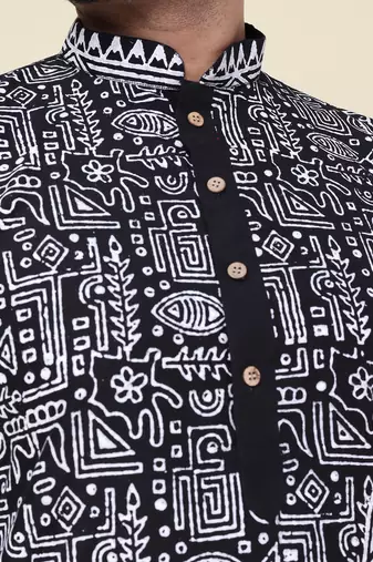 men's black hand painted silk kurta
