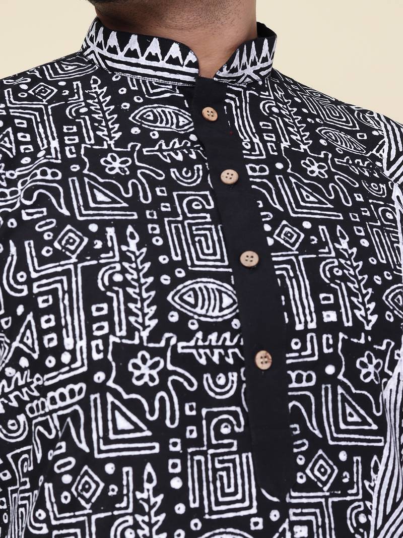 men's black hand painted silk kurta