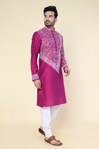 men's dark purple hand painted silk kurta
