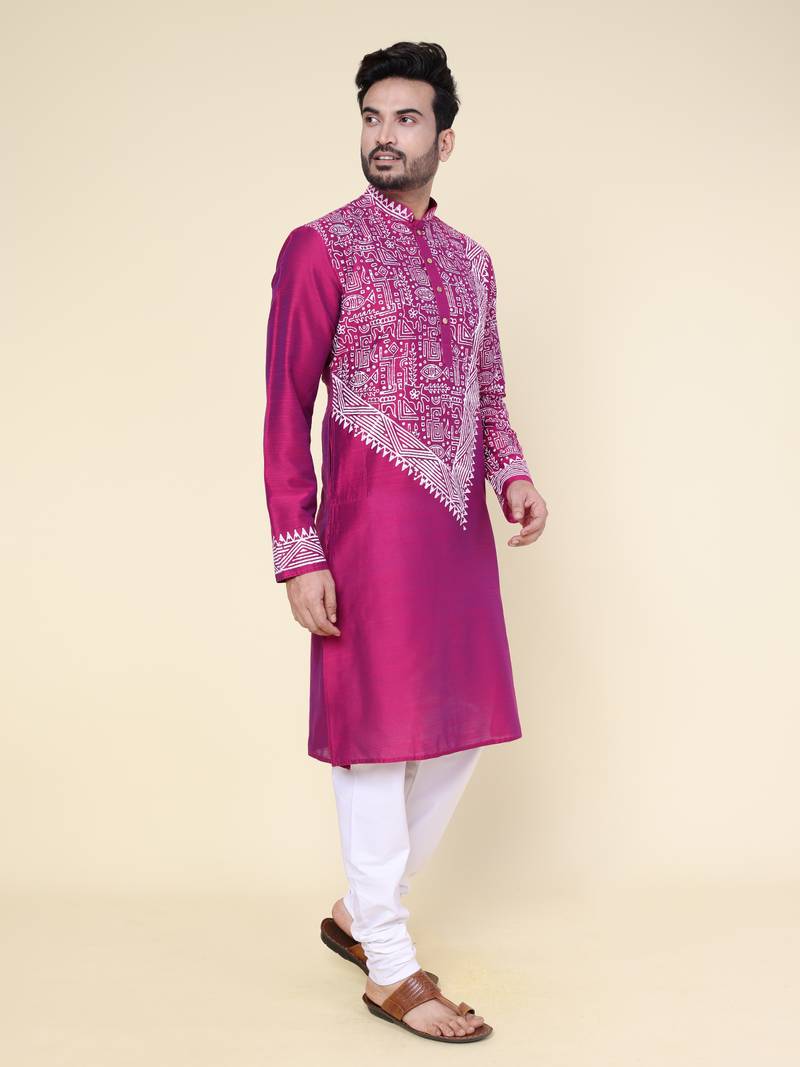 men's dark purple hand painted silk kurta