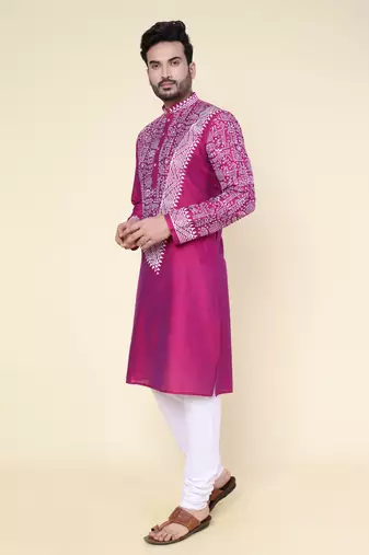 men's dark purple hand painted silk kurta