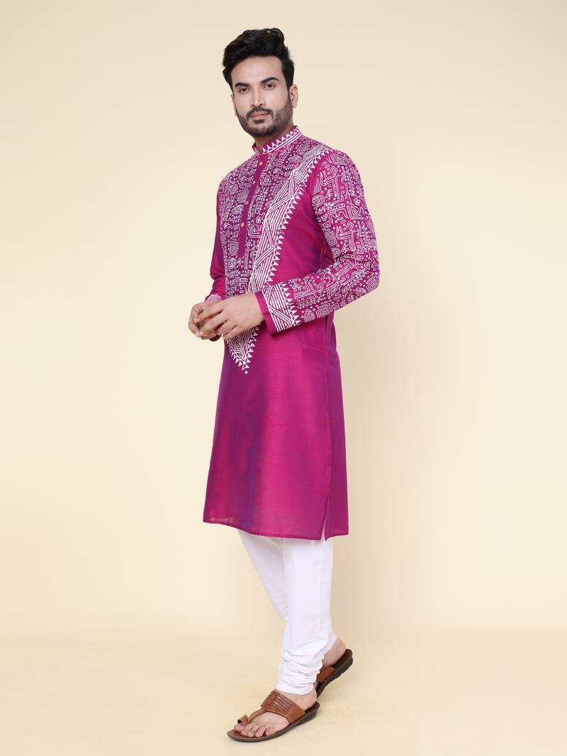 men's dark purple hand painted silk kurta