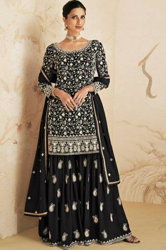 Black georgette semi stitched salwar suit with dupatta