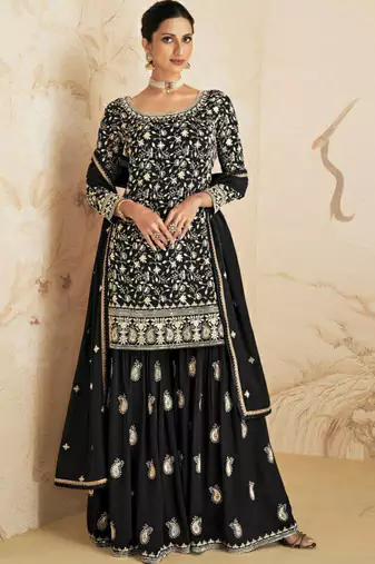 Black georgette semi stitched salwar suit with dupatta
