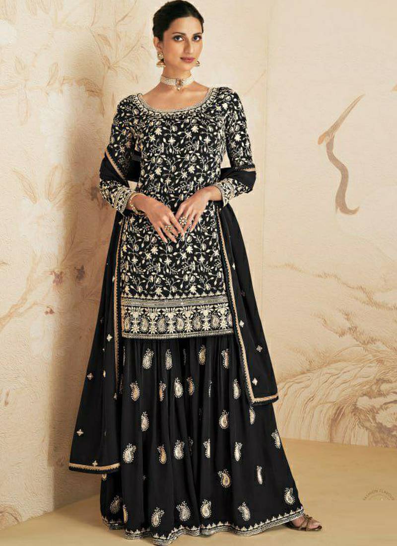 Black georgette semi stitched salwar suit with dupatta