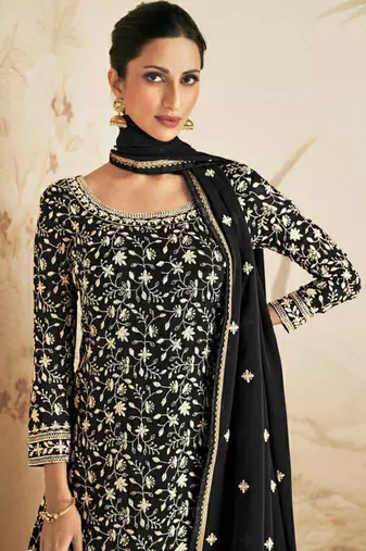 Black georgette semi stitched salwar suit with dupatta