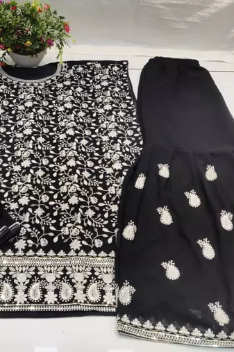 Black georgette semi stitched salwar suit with dupatta