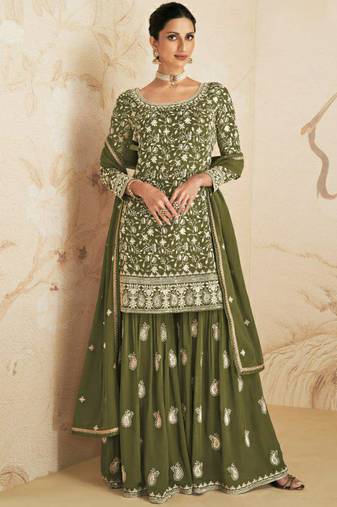 Mahendi green black georgette semi stitched salwar suit with dupatta