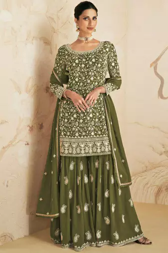 Mahendi green black georgette semi stitched salwar suit with dupatta