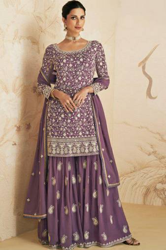 Purple georgette semi stitched salwar suit with dupatta