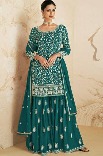 Teal georgette semi stitched salwar suit with dupatta