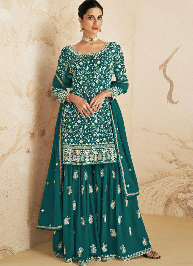 Teal georgette semi stitched salwar suit with dupatta