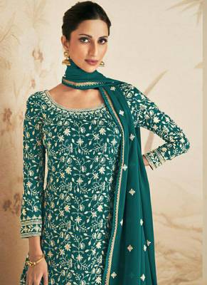 Teal georgette semi stitched salwar suit with dupatta 2