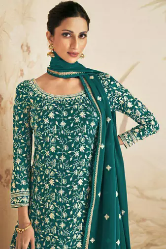 Teal georgette semi stitched salwar suit with dupatta