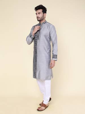 Men's grey silk kurta 2