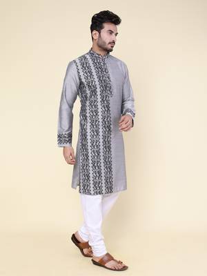 Men's grey silk kurta 3