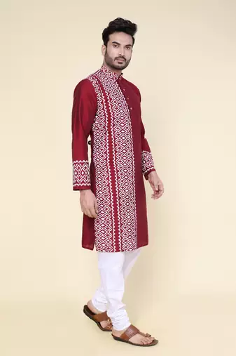 men's maroon hand painted silk kurta