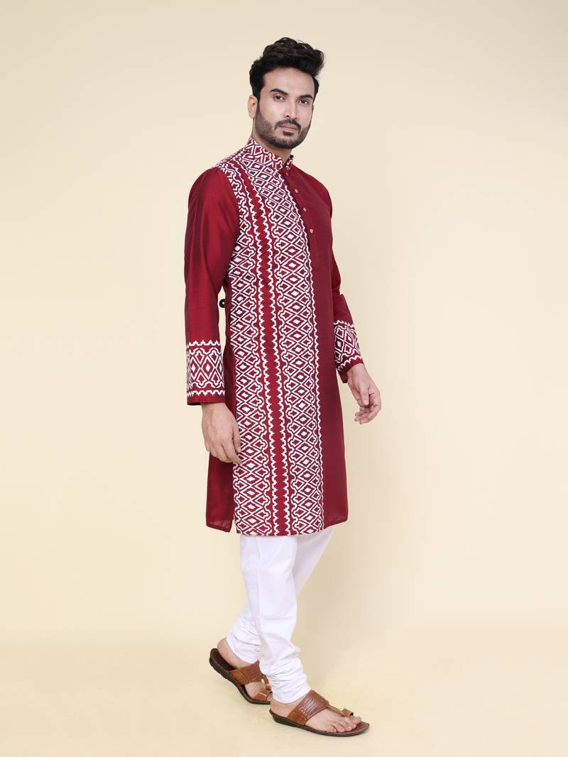 men's maroon hand painted silk kurta