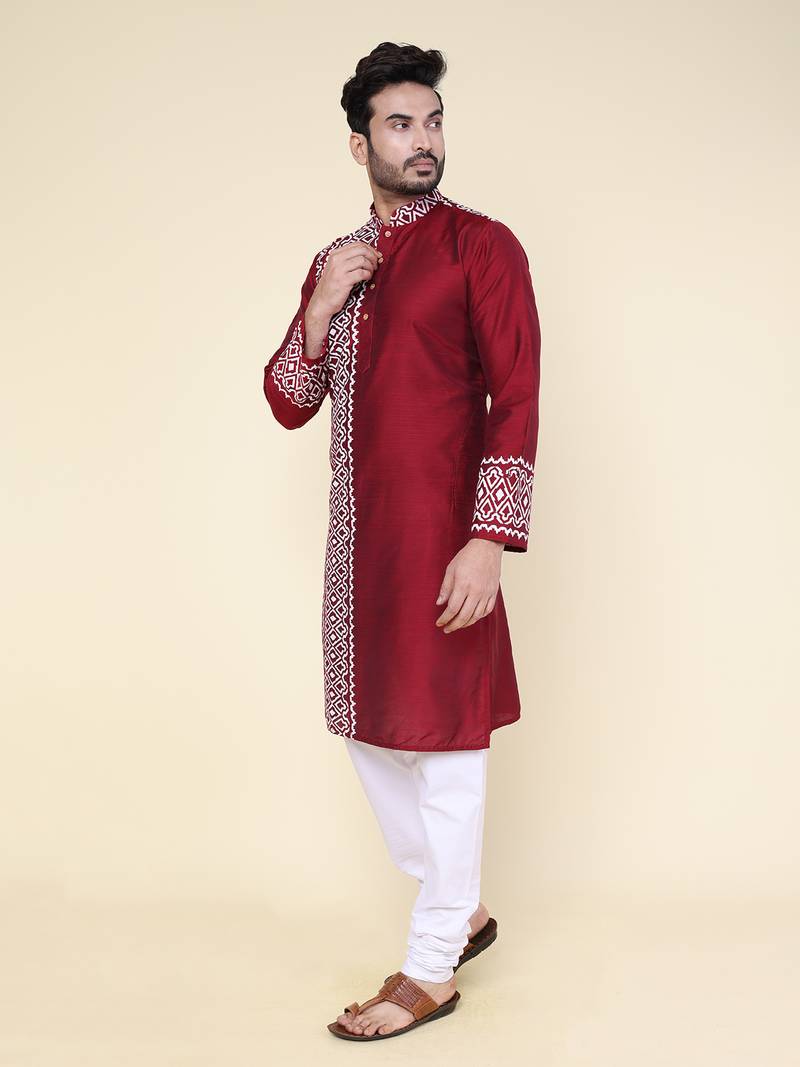 men's maroon hand painted silk kurta