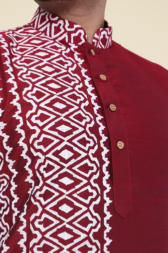 men's maroon hand painted silk kurta