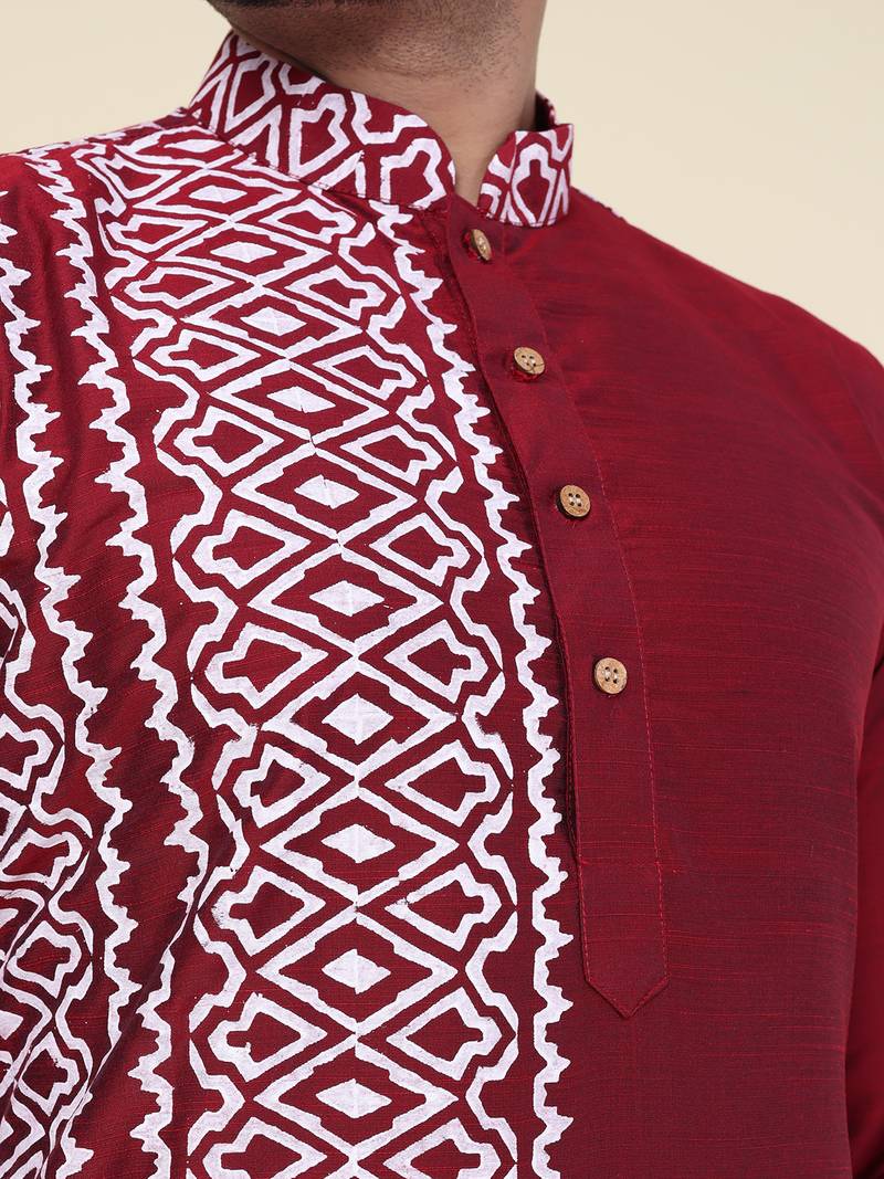 men's maroon hand painted silk kurta