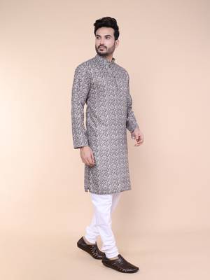 Men's grey cotton silk kurta 2