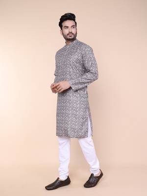Men's grey cotton silk kurta 3
