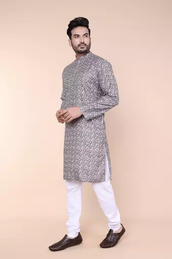 Men's grey cotton silk kurta