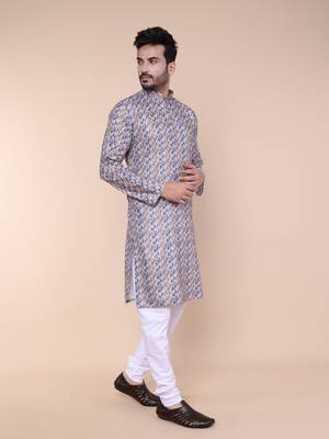 Men's blue and orange cotton silk kurta 2