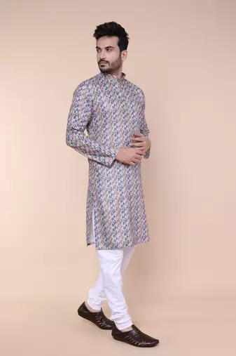 Men's blue and orange cotton silk kurta
