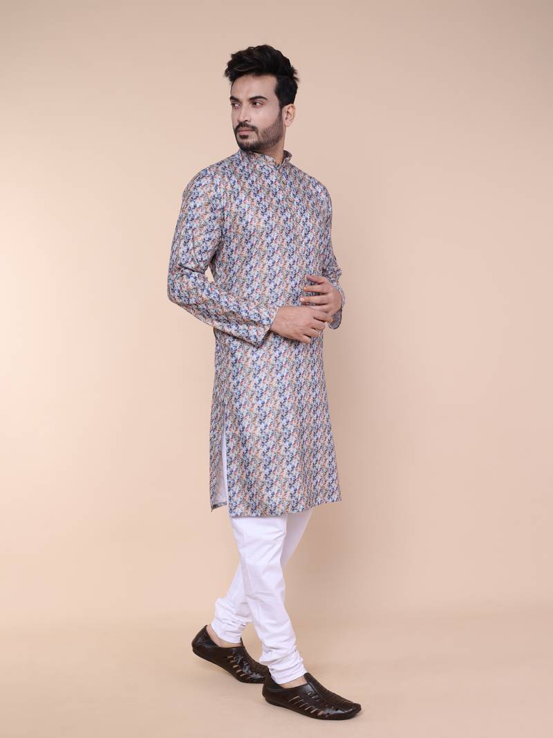 Men's blue and orange cotton silk kurta
