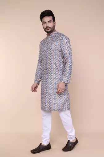 Men's blue and orange cotton silk kurta