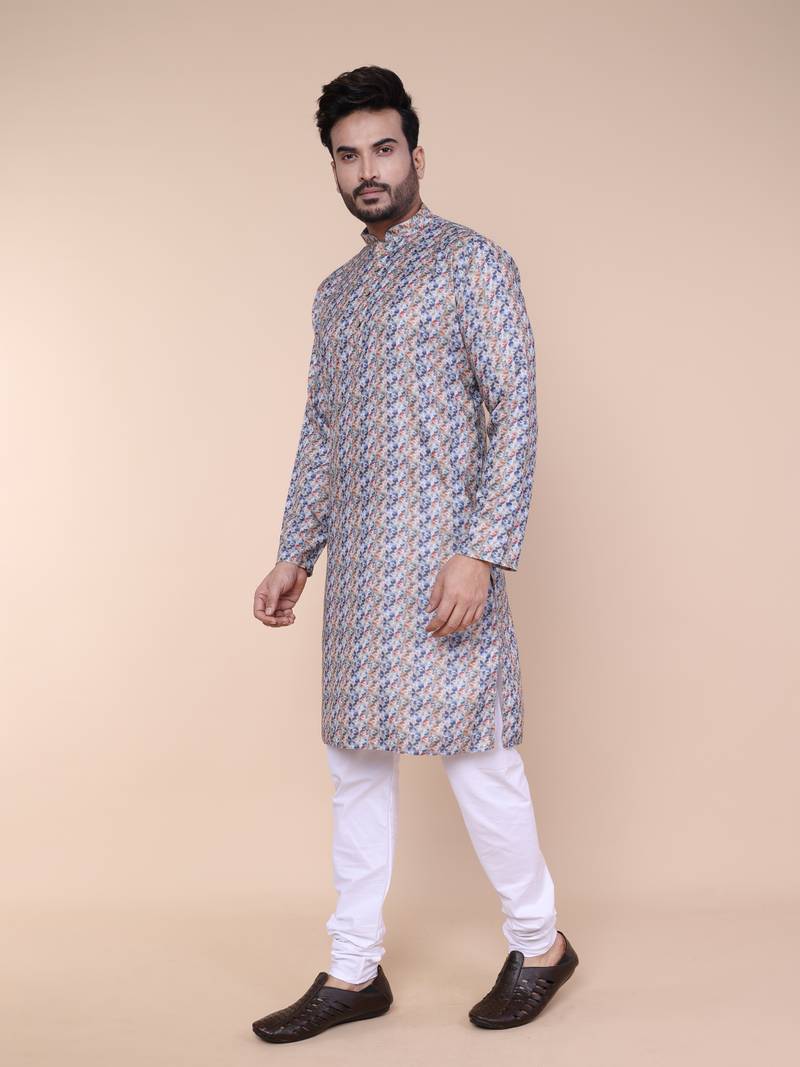 Men's blue and orange cotton silk kurta